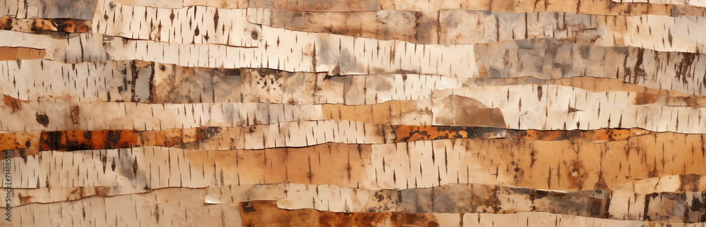 birch bark strips arranged in a lengthwise horizontal arrangement in a nature-themed background - obrazy, fototapety, plakaty 