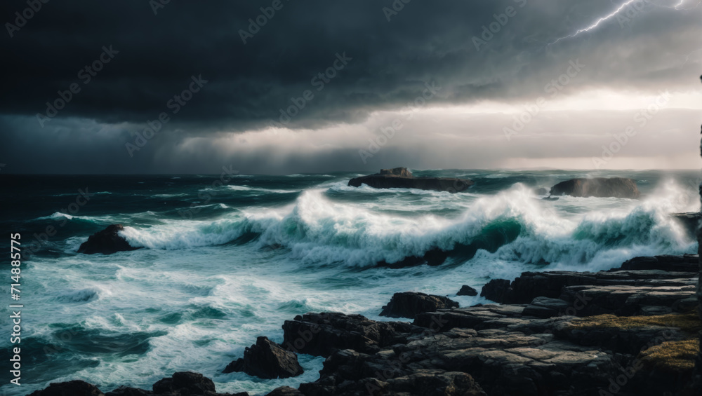 The dark and massive lightning storm drives a restless and stormy sea to pound the rocky shore with giant waves and foam