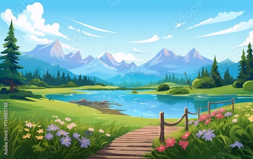 Mountain lake landscape vector illustration. Stunning panoramic cartoon