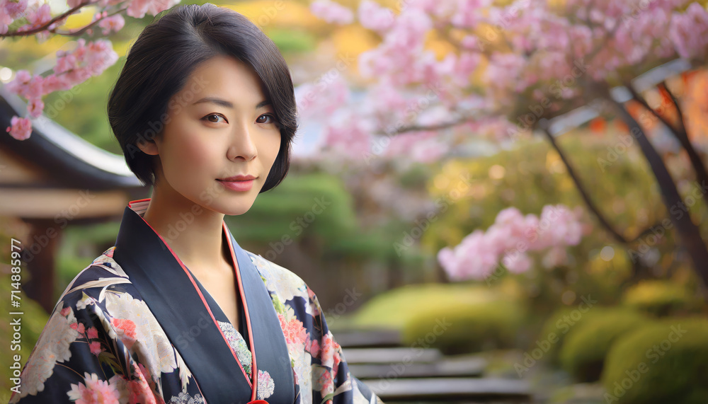 Pretty Woman in Traditional Japanese Kimono: Smiling Portrait of Attractive Asian Lady in Garden Pretty Woman in Traditional Japanese Kimono: Smiling Portrait of Attractive Asian Lady in Garden