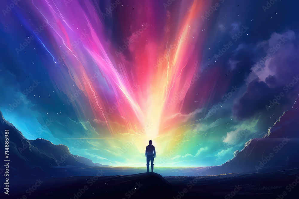 illustration painting of a man looking at a strange rainbow light rise in front., digital art style - obrazy, fototapety, plakaty 