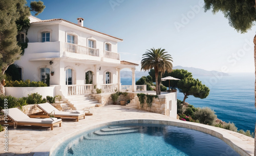 Traditional mediterranean white house with pool on hill with stunning sea view. Summer vacation background © Roman