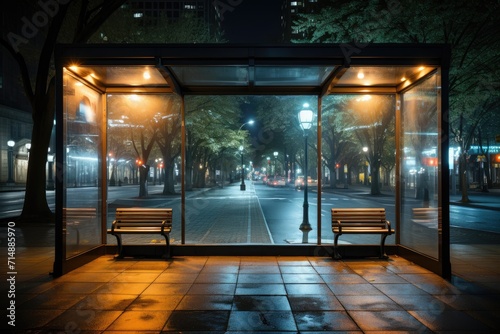 A serene night scene at a city bus stop, where empty benches invite weary travelers to rest and reflect while the streetlights illuminate the building and trees in the background