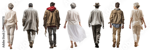 Collection of back of a mature people walking isolated on transparent or white background photo