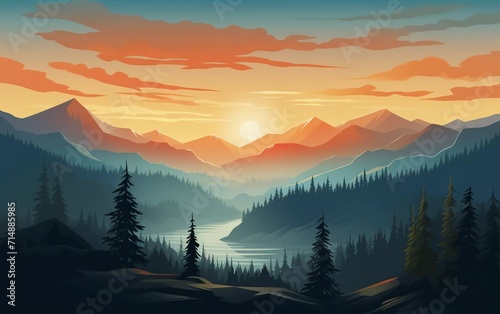 Beautiful vector landscape illustration - Warm and peaceful sunrise over mountains, ocean, very beautiful view