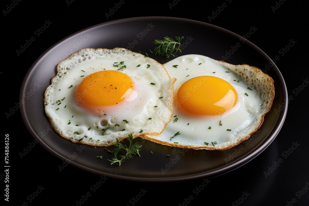 Fried eggs on a plate with fresh herbs Fried eggs on a plate with fresh herbs