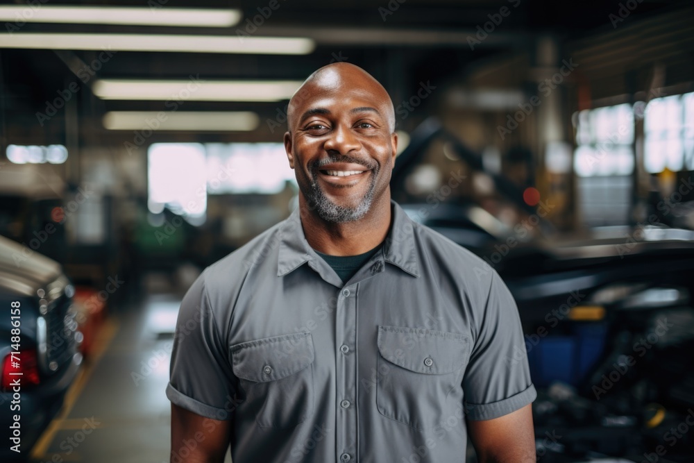 Portrait of a middle aged car mechanic in repair shop Portrait of a middle aged car mechanic in repair shop