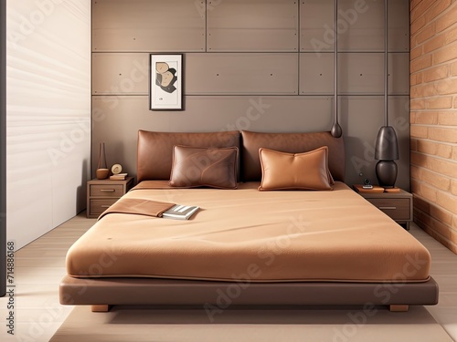 An ugly brown leather bed leaning against a concrete wall. Modern bedroom with loft interior design.