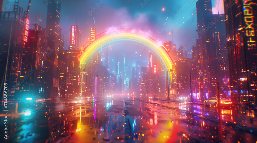 Neon Rainbow Bridge in Rainy Futuristic Cityscape