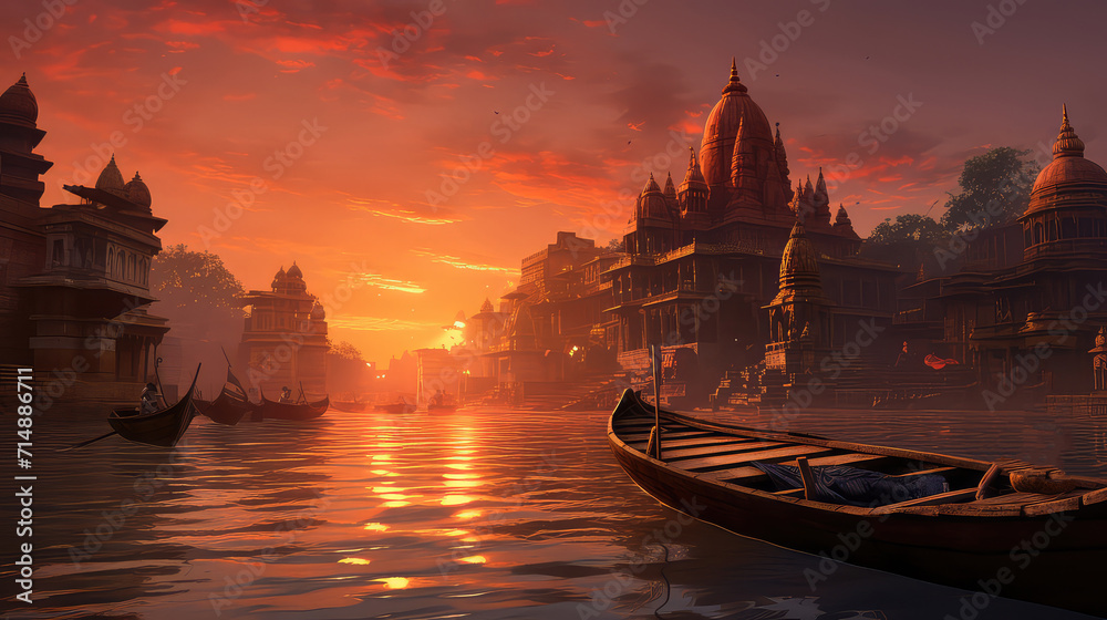 3d illustration of Ancient Varanasi city architecture at sunset with view of sadhu baba enjoying a boat ride on river Ganges. India. - obrazy, fototapety, plakaty 