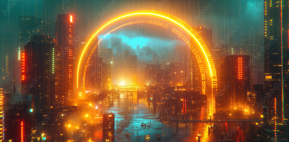 Neon-Lit Urban Skyline with Glowing Arch Bridge Neon-Lit Urban Skyline with Glowing Arch Bridge