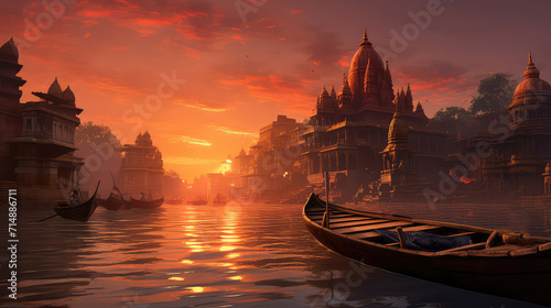 Fényképezés 3d illustration of Ancient Varanasi city architecture at sunset with view of sadhu baba enjoying a boat ride on river Ganges