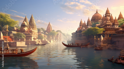 3d illustration of Ancient Varanasi city architecture in the morning with view of sadhu baba enjoying a boat ride on river Ganges. India. #714886730