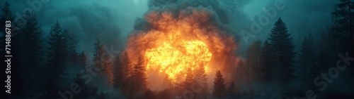 A bright fiery explosion. Fire in the depths of the forest. Concept  environmental disaster  wildfires  natural disasters 