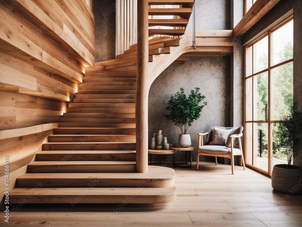 Wooden staircase in scandinavian rustic style interior design of modern entrance hall