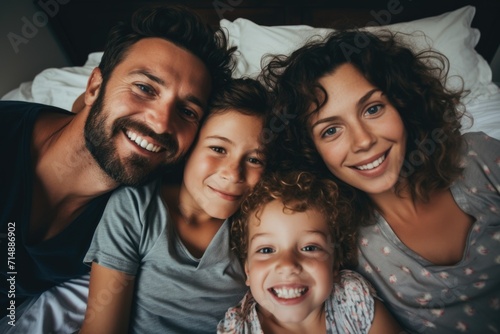 Portrait of a happy family smiling in bed photo