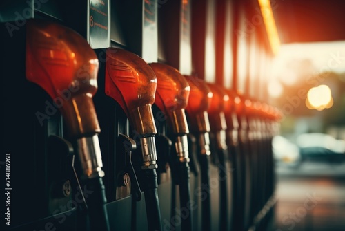 Close up fuel pumps at a gas station photo