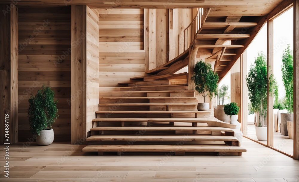 Wooden staircase in scandinavian rustic style interior design of modern entrance hall Wooden staircase in scandinavian rustic style interior design of modern entrance hall