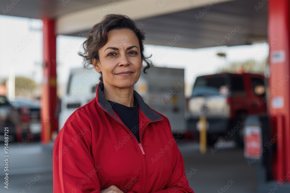 Portrait of a middle aged female worker at gas station Portrait of a middle aged female worker at gas station
