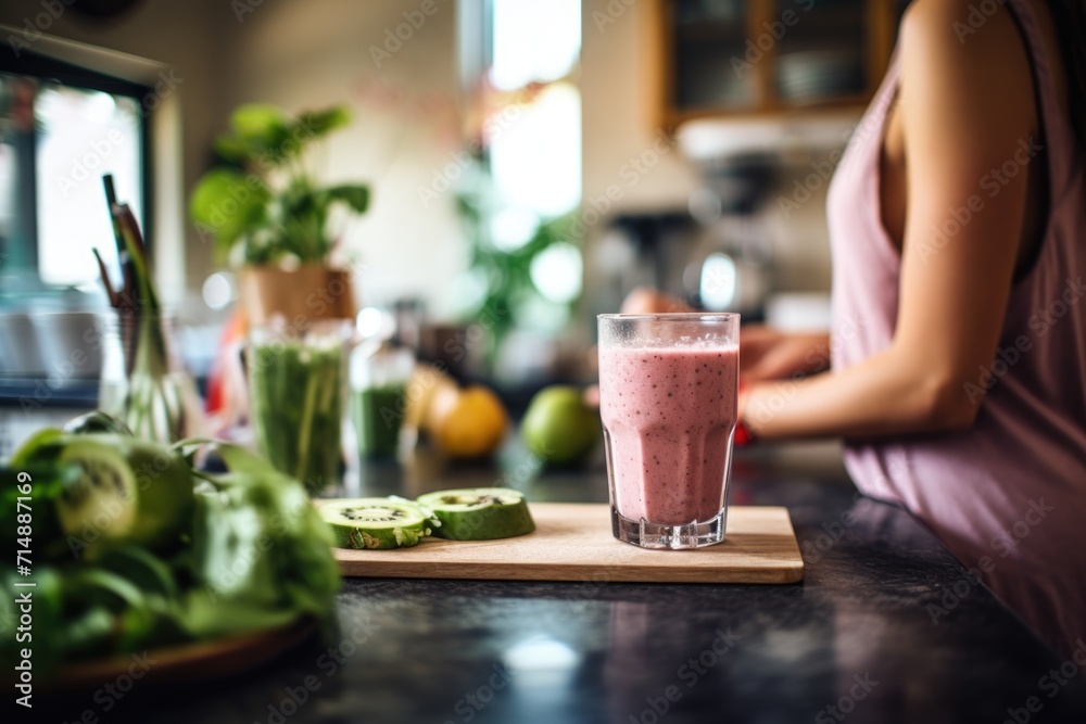 Fresh smoothie on kitchen countertop with woman in background