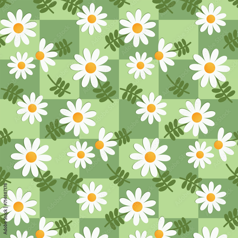 Daisy floral pattern seamless checker. Texture vector background. Printable for wallpaper, scrapbook, cover book, diary, table cloth, wrapping paper.