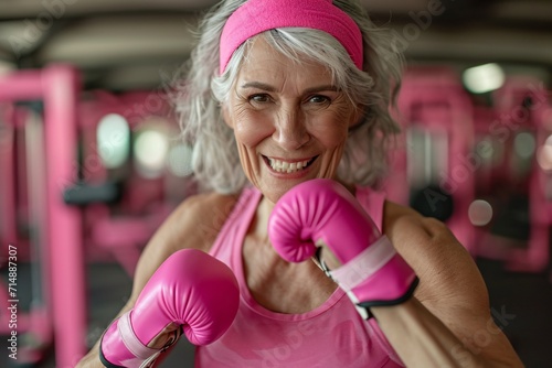 A woman wearing a pink headband and pink boxing gloves Generative AI © Bipul Kumar