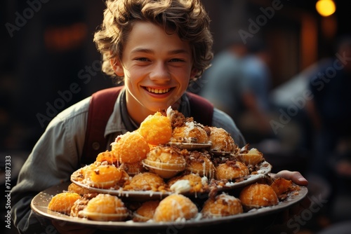 A joyful boy happily presents a delicious plate of fast food  adorned with baked goods and a warm smile  showcasing the perfect blend of indoor and outdoor cuisine