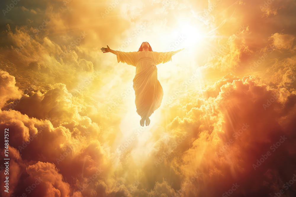 The resurrected Jesus Christ ascending to heaven above the bright light sky and clouds and God, Heaven and Second Coming concept The resurrected Jesus Christ ascending to heaven above the bright light sky and clouds and God, Heaven and Second Coming concept