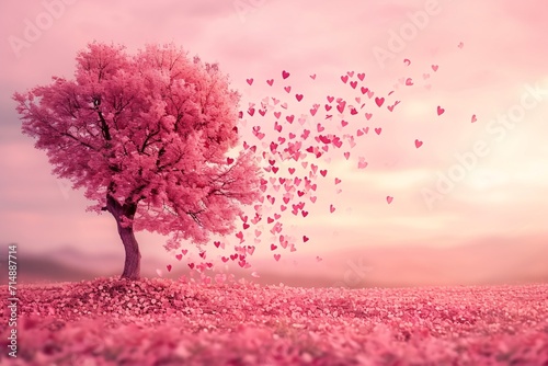 Pink Tree with Heart-Shaped Leaves Generative AI © Bipul Kumar