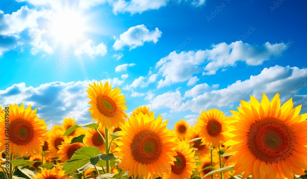Fototapeta premium field of sunflowers on a clear sky shining day.