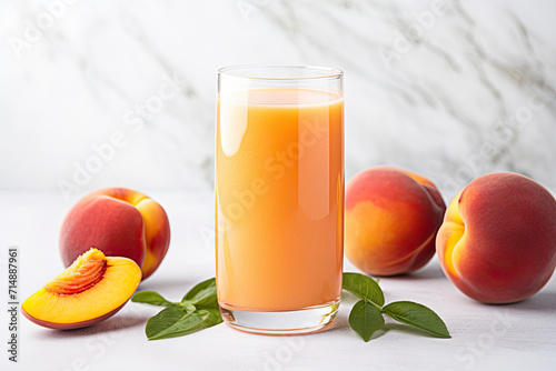 Delicious Glass of Peach Juice on a White Kitchen Counter with Space for Copy