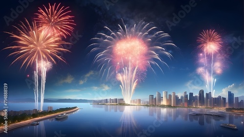 fireworks in the city,A pyrotechnic display in the night sky, commemorating the arrival of the year 2025. National fireworks display over the stunning sky on January 1st, 2025
