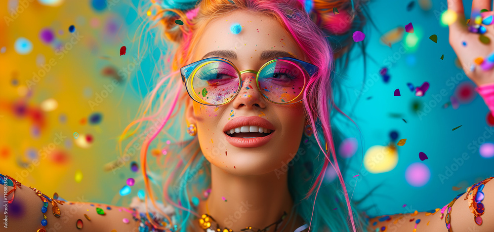 Fototapeta premium Portrait of woman in costume and makeup for carnival advertisement or poster