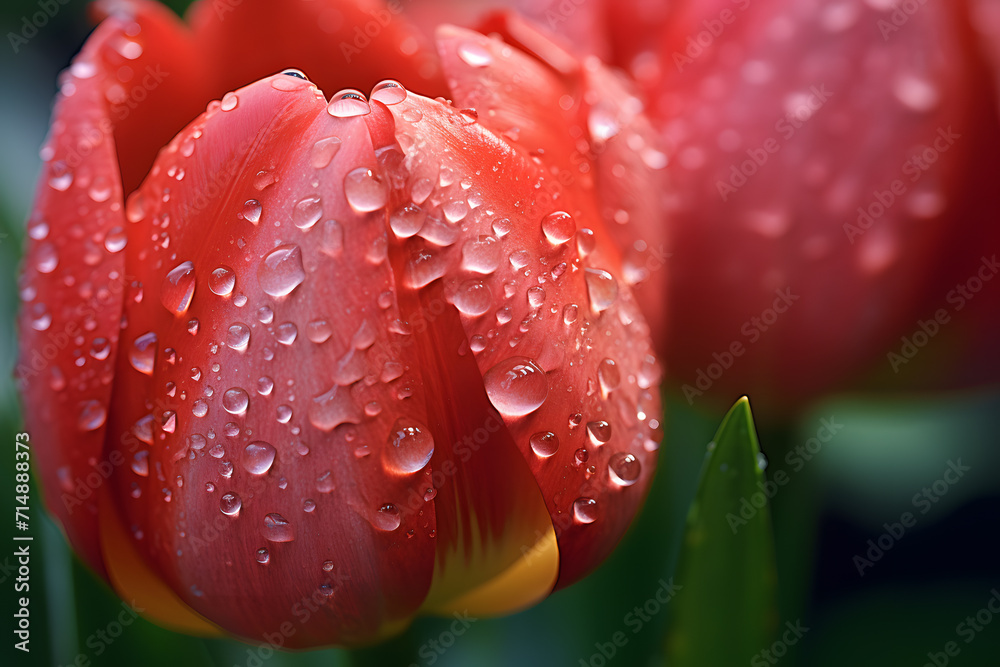 Close up of red tulip flower with rain water drops Close up of red tulip flower with rain water drops