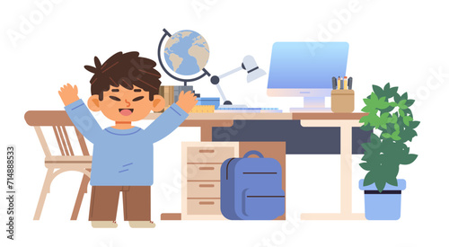 Happy Asian boy standing near home workplace on isolated background. Homeschooling concept cartoon illustration