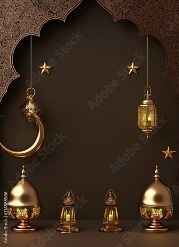 3d rendering greeting card design for ramadan mubarak, brown color greeting card with copy space