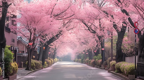 the enchanting cherry blossom-lined streets of Tokyo during Hanami season, where the delicate blooms paint the city in hues of pink and white.
