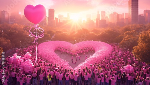 A large group of people wearing pink shirts and holding balloons, forming a heart shape Generative AI photo