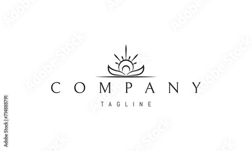 Vector logo with an abstract image of a shining sun between two leaves.