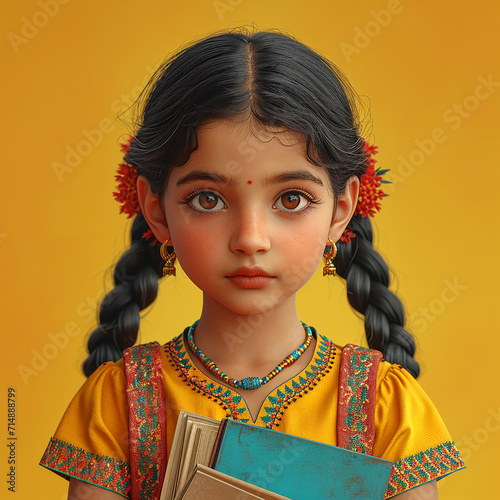 Illustration of a Indian child girl in yellow background, National girl child day concept