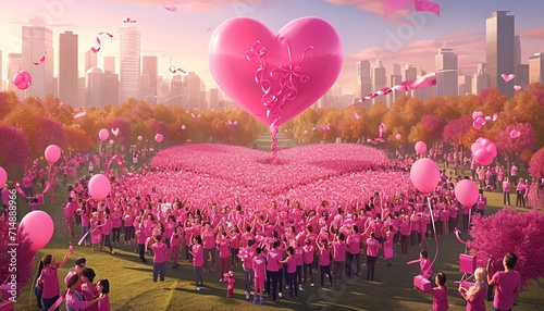 A large group of people wearing pink shirts and holding balloons, creating a heart shape. Generative AI