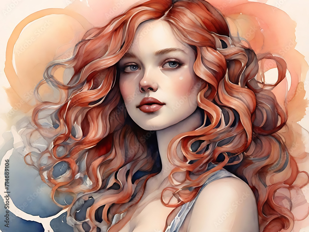 Fototapeta premium Painting of a Woman With Red Hair. Generative AI.
