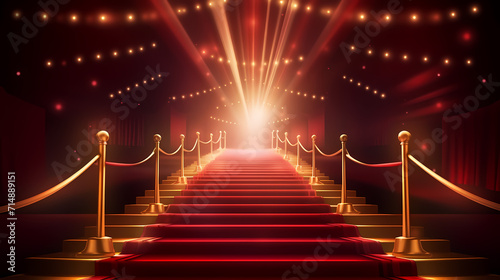 Red carpet on the stairs on dark background, the way to glory, victory and success