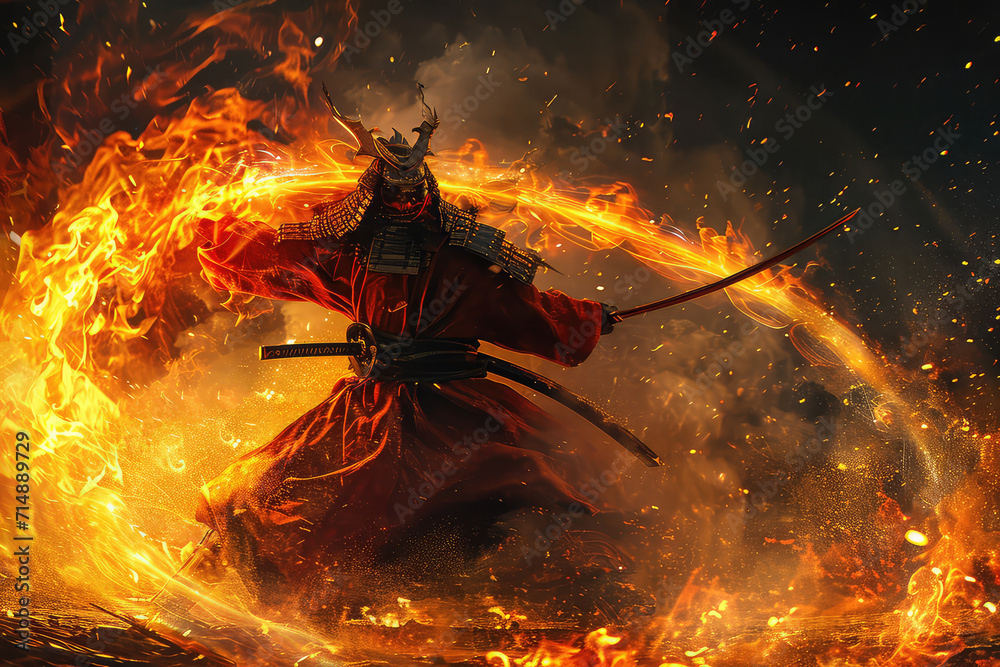 3d illustration of a samurai in a demonic red mask on the battlefield makes a swing with a katana creating a sizzling fire ring around, he is a mystical martial. illustration painting - obrazy, fototapety, plakaty 