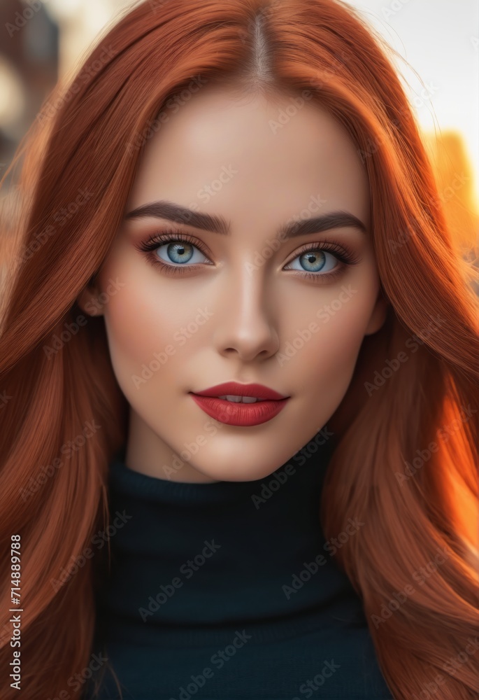 The image is of a close-up of a woman with long red hair and blue eyes. She has a serious expression and is wearing a black turtleneck. The background is blurry and there are buildings visible in the The image is of a close-up of a woman with long red hair and blue eyes. She has a serious expression and is wearing a black turtleneck. The background is blurry and there are buildings visible in the