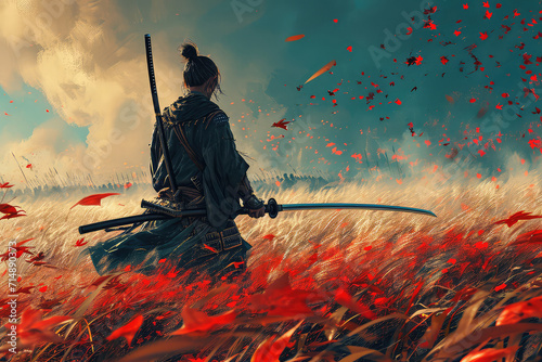 illustration painting A samurai with a katana stands ready to fight against a huge army. 3D illustration, digital art style.