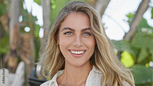 Obraz na plátně Cheerful young blonde woman exuding confidence, joyfully smiling while standing in a sunny park, reveling in the green beauty of nature - a radiant portrait capturing her contagious happiness