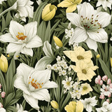 Seamless pattern of spring flowers, leaves in the style of naturalist aesthetic. White lily flowers on dark background with detailed texture. Colorful botanical illustration
