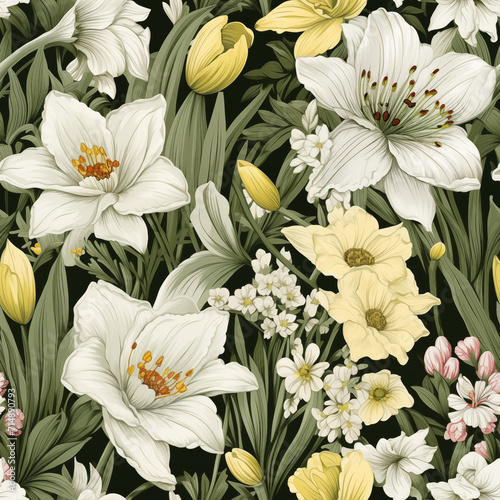 Fotografia Seamless pattern of spring flowers, leaves in the style of naturalist aesthetic