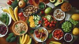 Fresh vegetables on the table, a bright assortment of fresh vitamins, top view. Ingredients for desserts and side dishes. Concept: healthy eating and snacks
